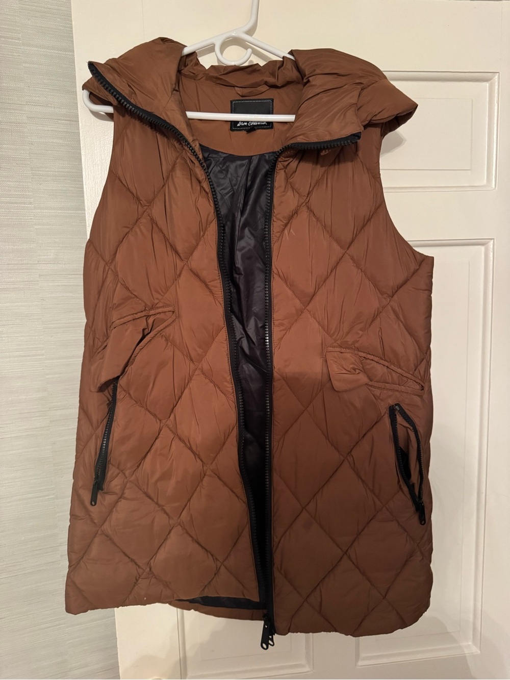 Sam Edelman Brown Quilted Hooded Vest with Black Trim